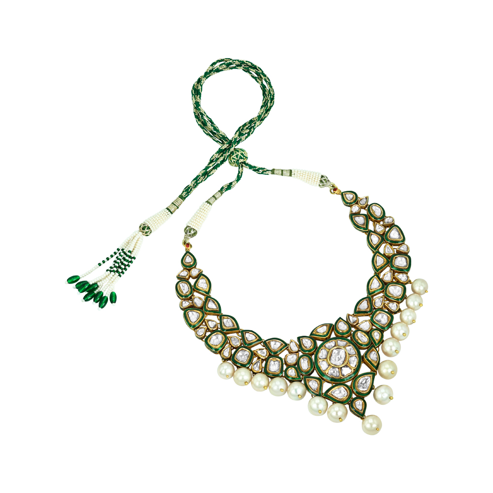 Polki Necklace with Green Enamel and Southsea Pearls